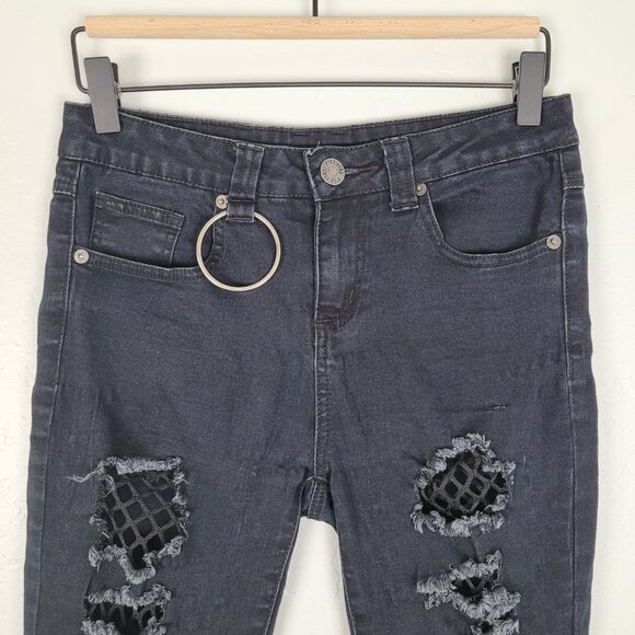 Killstar Trash Talk Skinny Jeans O-Ring Fishnet Distressed Goth Black Size XS - Picture 5 of 15